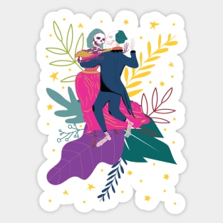 Day of the dead skeletons dancing salsa with folk flower background Sticker